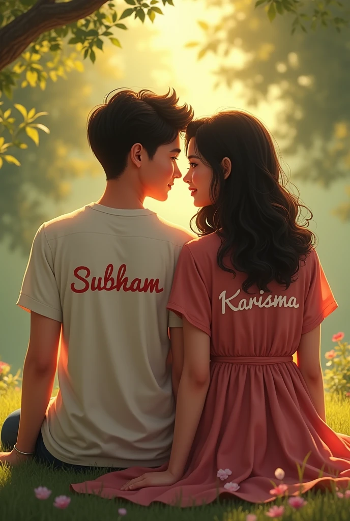 A 20 year boy wearing subham name print dress and sitting with a 20 year girl wearing Karisma name print dress 