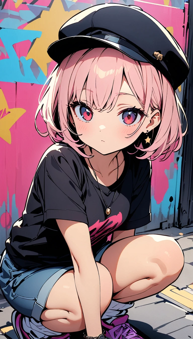 (high quality, 8k, 4K, High Contrast, masterpiece:1.2, 最high quality, Best aesthetics),high angle shot, full shot, Newsboy cap:1.1, ((1 female)),((Crouching:1.5)), ((Graffiti Background:1.3)), ((Flat Color)),High Contrast, Contrasting colors, , Pale pink and blue lighting,Pink Hair, Red eyes, Oversized blackＴshirt,Denim shorts,(White loose socks),Purple sneakers, Looking at the audience, (Cool look), Sleepy eyes, ((Short Hair)) , (Tied Hair), Small star-shaped earrings in both ears, bright eyeshadow, Mature face,watch on right wrist,necklace,small tits