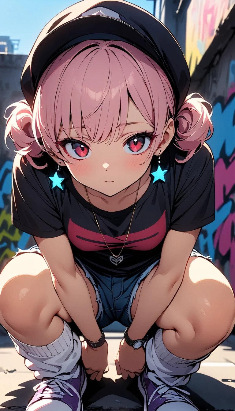 (high quality, 8k, 4K, High Contrast, masterpiece:1.2, 最high quality, Best aesthetics),high angle shot, full shot, Newsboy cap:1.1, ((1 female)),((Crouching:1.5)), ((Graffiti Background:1.3)), ((Flat Color)),High Contrast, Contrasting colors, , Pale pink and blue lighting,Pink Hair, Red eyes, Oversized blackTshirt,Denim shorts,(White loose socks),Purple sneakers, Looking at the audience, (Cool look), Sleepy eyes, ((Short Hair)) , (Tied Hair), Small star-shaped earrings in both ears, bright eyeshadow, Mature face,watch on right wrist,necklace,small tits