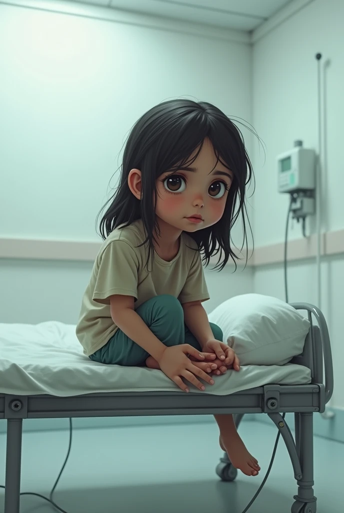 Low-income Latin American brunette girl sitting on a hospital gurney 