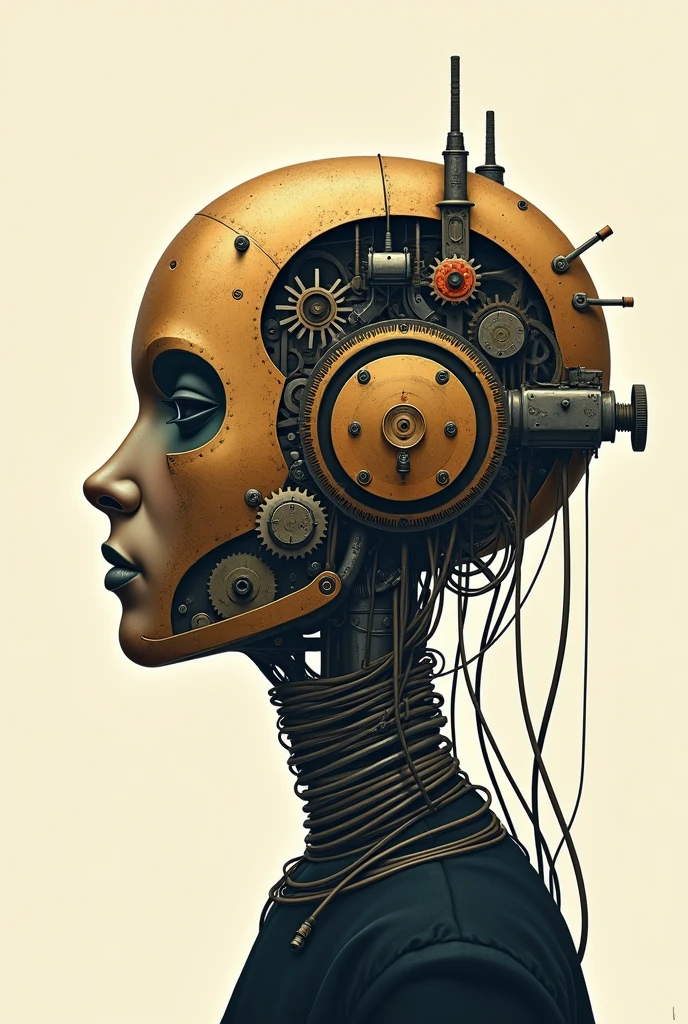 "A minimalist profile illustration of a fully mechanical head in the style of Olly Moss, with a strong steampunk influence. The head is entirely constructed from gears, cogs, brass plates, and metal tubing, with no visible organic or skin elements. Complex machinery is integrated throughout, with visible bolts, rivets, and rotating mechanisms. Thick cables and wires extend from various parts of the head, adding to its industrial, steampunk aesthetic. The design uses a metallic color palette with bronze, copper, and iron tones, contrasted by deep shadows. Negative space is utilized to emphasize the intricate details, creating a striking, modern, and purely mechanical atmosphere."