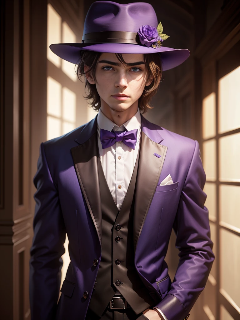 Alone, High resolution, looking at the viewer, violet eyes, masterpiece, The best quality, Awarded many times, detail, HD Model, details altos, high quality, quality, Very detailed, UHD, pale, Fedora, blurred, young, Chico, man, 1male, Brown hair, fantasy, violet eyes,