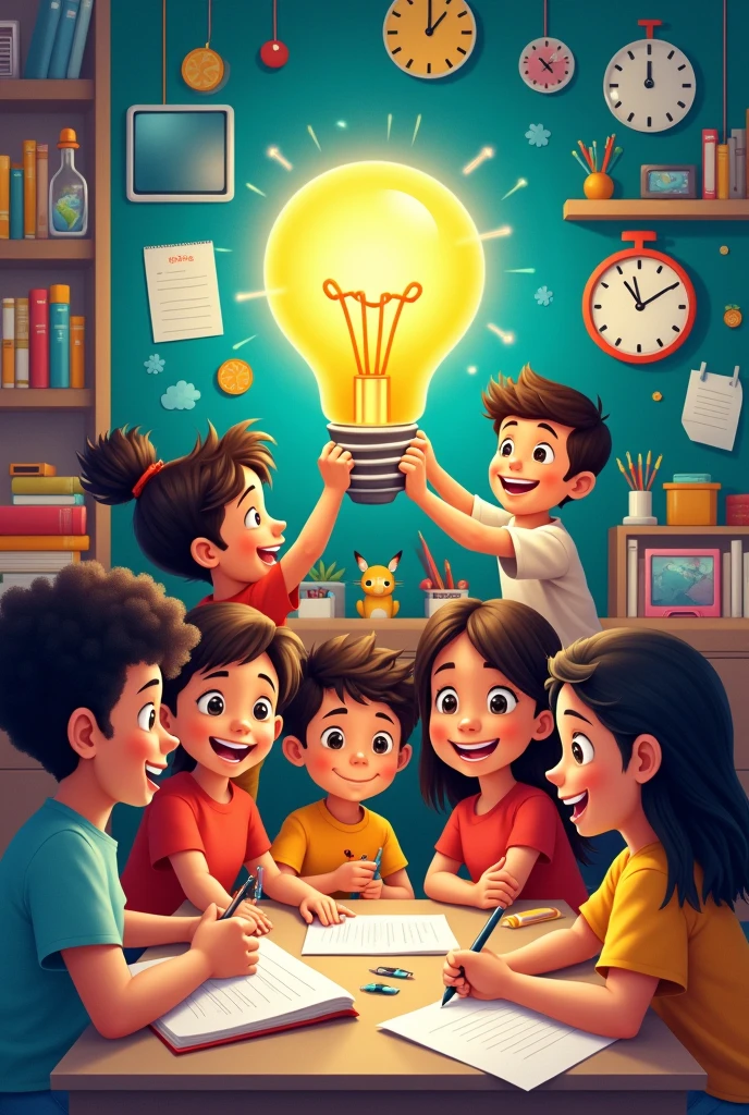 poster about , engaging teaching, team work, hands on materials and teaching. problem solving with light bulb. lots of learning materials. experiments. playing
without words. picture only