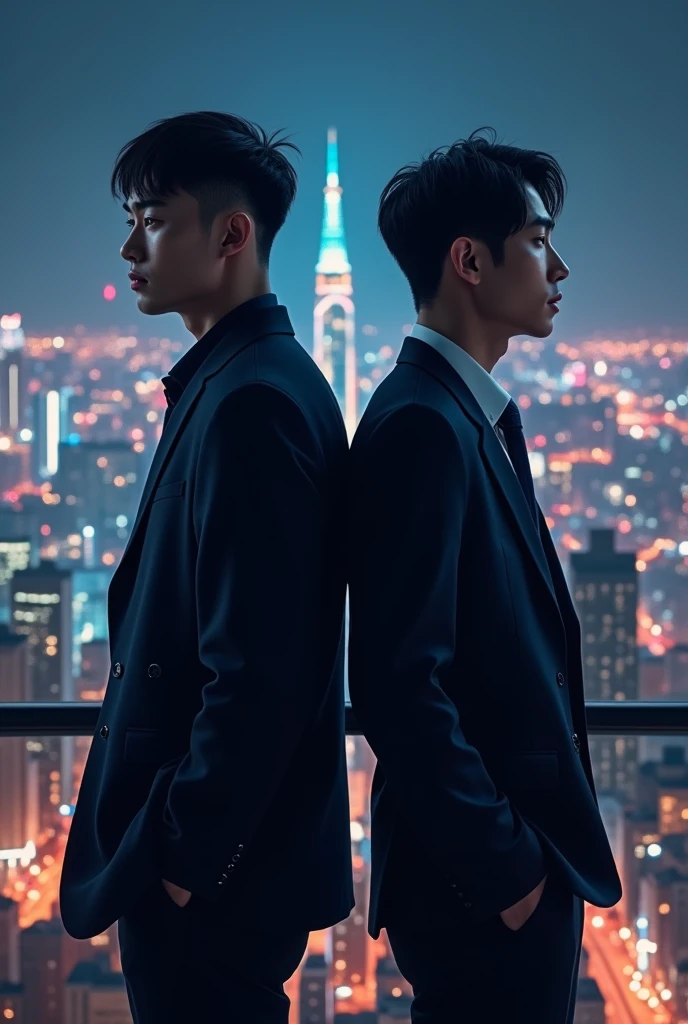 Two Korean men from behind, one a model and one a businessman, with Seoul city at night in the background