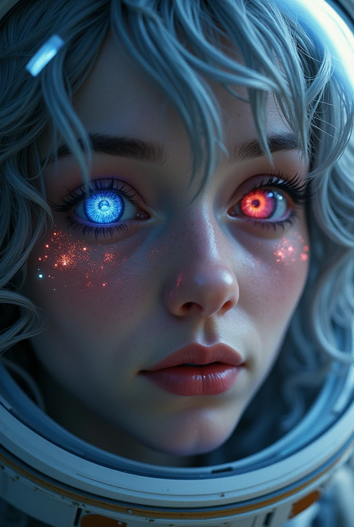 (Close-up of a better masterpiece:1.5)0.9], (Space and astronauts:1.2) (Messy silver hair:1.1) (Heterochromia xanthochromia and blue eyes:1.2) (Space Helmet:1.0) (Colored stars in the eyes:1.0) (A radiant glow:1.1) (thick lips:0.9)
