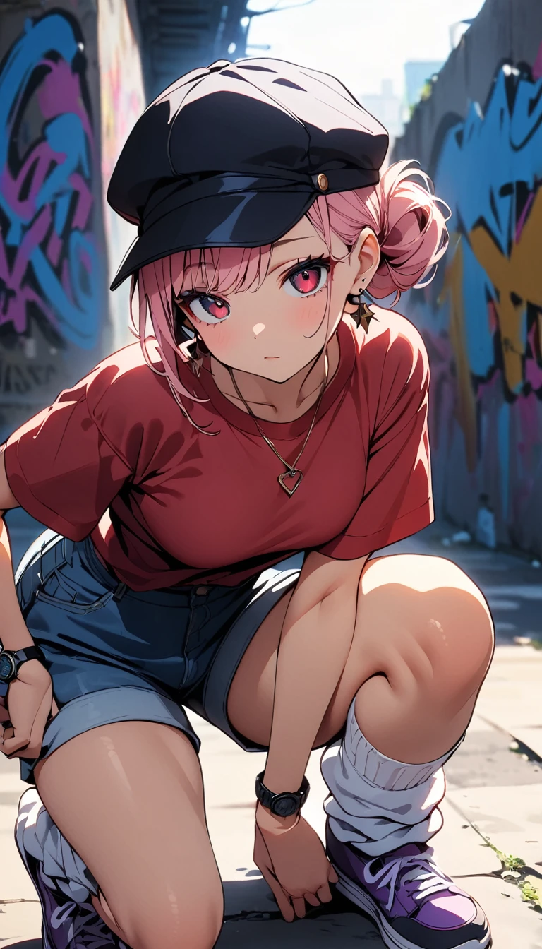 (high quality, 8k, 4K, High Contrast, masterpiece:1.2, 最high quality, Best aesthetics),high angle shot, full shot, Newsboy cap:1.1, ((1 female)),((Crouching:1.5)), ((Graffiti Background:1.3)), ((Flat Color)),High Contrast, Contrasting colors, , Pale pink and blue lighting,Pink Hair, Red eyes, Oversized blackＴshirt,Denim shorts,(White loose socks),Purple sneakers, Looking at the audience, (Cool look), Sleepy eyes, ((Short Hair)) , (Tied Hair), Small star-shaped earrings in both ears, bright eyeshadow, Mature face,watch on right wrist,necklace,small tits