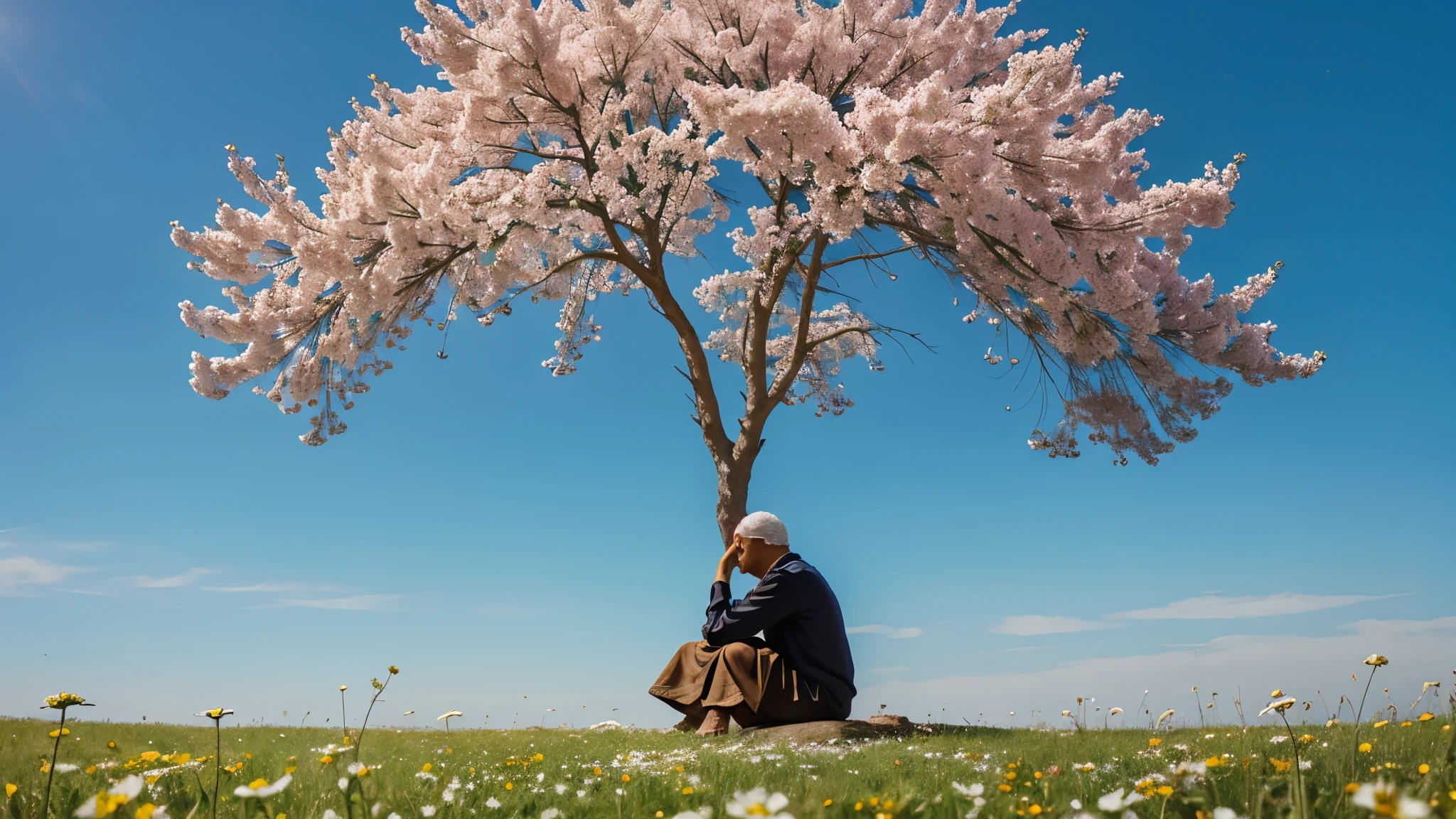 enoch, biblical prophet, Sitting under a tree. The atmosphere is calm, with flowers around and a clear blue sky. The image conveys a sense of wisdom and reflection.