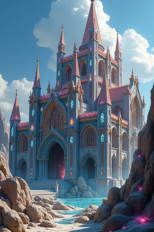 A building made of jewels. Gothic architecture. Show the whole building. Built on a rocky outcrop. Give it more of a sparkling, reflective feel.、There are gems buried in the surrounding rocks too.、Land of the Lustrous