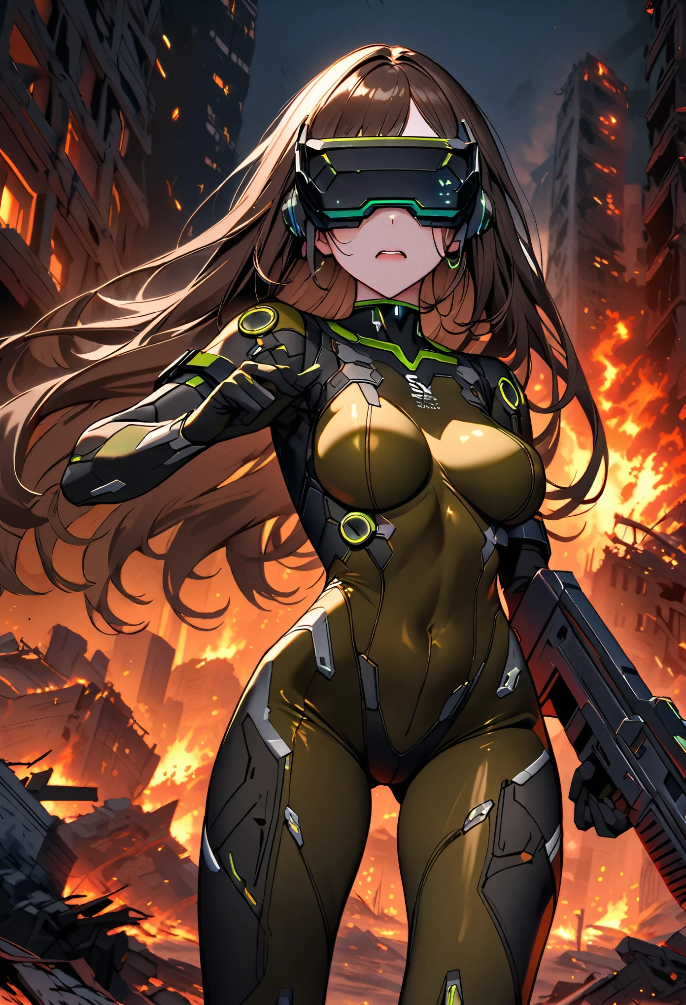 female, solo, long hair, head-mounted display, dark hair, brown hair, curvaceous, large breasts, tiny waist, mssprd, covered eyes, olive full bodysuit, aiming assault rifle, science fiction, scared, slender, ruins, city, night, fire, broad shoulders