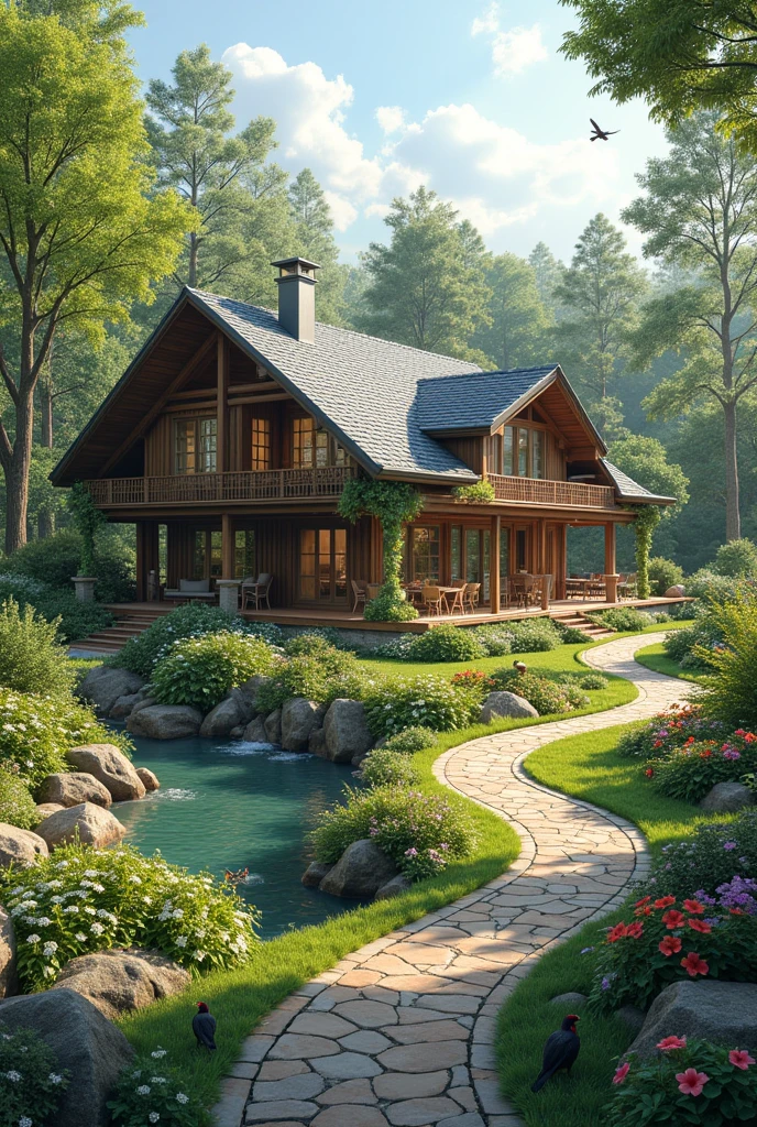 Describe a beautiful scene where nature and a house are harmoniously integrated. The setting includes a picturesque landscape with lush greenery, vibrant flowers, and perhaps a serene water feature like a pond or stream. The house is designed to blend seamlessly with the natural surroundings, featuring large windows, natural materials, and an inviting porch or deck. Emphasize the way the house takes advantage of its natural setting, with elements like garden paths, outdoor seating areas, and landscaping that enhances both the home and the environment." Many animals