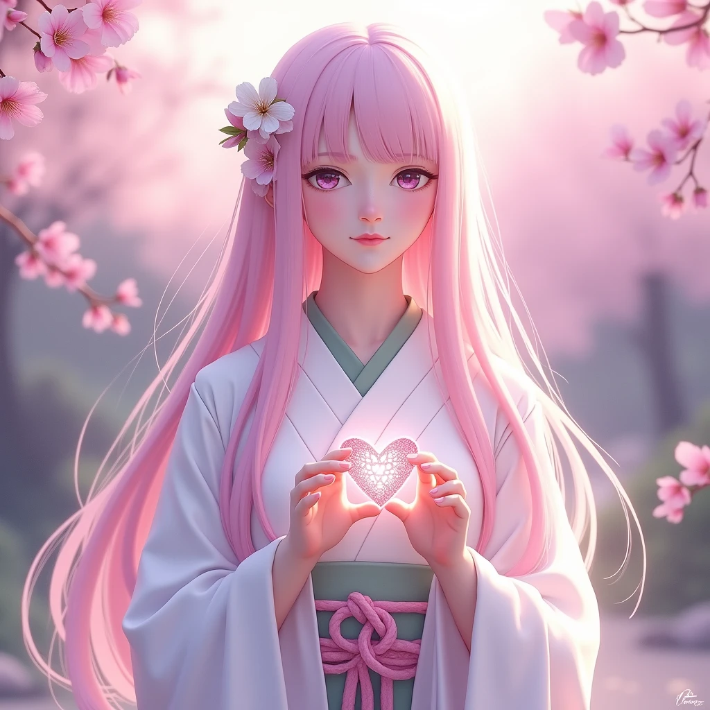 (masterpiece:1.2, Highest quality), 「Yuai」teeth、People who are troubled by love々Healing the heart of、A spiritual knotist who strengthens the bonds of love。彼女の長い髪teethソフトピンクで、It symbolizes kindness and compassion in love.。彼女の服装teeth伝統的な日本の巫女（Miko）A modern kimono inspired by、The base color is a pale cherry blossom color.、縁取りteeth淡い緑色で自然の和を表現しています。

Yuaiの周囲にteeth、A transparent light purple aura drifts、It shows the presence of her spiritual power.。彼女の手にteeth「Love Thread」It holds a small cherry blossom branch, which symbolizes、Through this, we can empathize with the hearts of those seeking love advice.、We provide the advice and guidance you need。

彼女の表情teeth穏やかで、慈悲深い眼差しteeth、We are committed to providing a non-judgmental and understanding approach to any relationship issue.。背景teeth穏やかな自然景色で、It creates an atmosphere of healing and peace.。

このキャラクターteeth、Possesses deep spiritual insight and an empathetic ear、Deepen the romantic bonds between visitors、Helping you overcome difficulties。