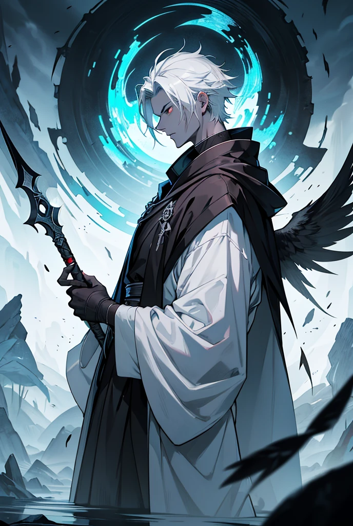 Ji-Hoon, the angel of death, is an imposing figure with 1,98m high. Your skin is pale as marble, contrasting with her straight black hair that falls over her shoulders. Your eyes are two black wells, deep and dull, that seem to absorb all the light around them, reflecting the emptiness of your corrupted soul.
As a result of Ji-Hoon, before white and radiant, now they are big and black, with sharp feathers that seem to tear the air around them. They extend from their backs, giving it an even more terrifying and majestic appearance. Every feather seems to have been stained by a deep darkness, pulsing with an evil energy.
He wears a long, dark cloak, that covers his slender, muscular body. The fabric appears to float around you, as if he were always on the verge of disappearing into the darkness that surrounds him. In your right hand, Ji-Hoon holds a scythe with a curved blade, shiny and sharp, which symbolizes his role as a reaper of souls.
His presence is accompanied by a cold and oppressive aura., as if the very air around you was frozen with fear. Onde Ji-Hoon appeared, death is inevitable, and his blank stare is the last thing his victims see before they are dragged into the abyss.