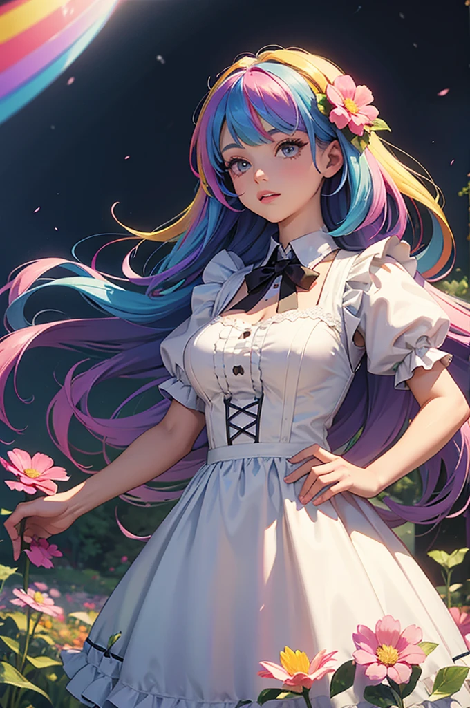 A girl with long rainbow hair is wearing a maid outfit and standing in a flower field with lots of big flowers. Upper body