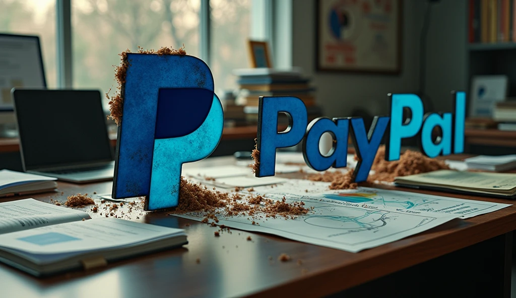 Dirty and toxic PayPal logo on an office desk, conveying the idea of corruption