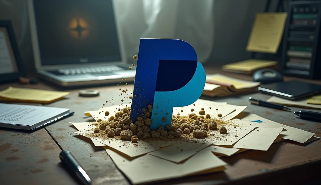 Dirty and toxic PayPal logo on a dark and blue neon wall with playing cards and money flying around