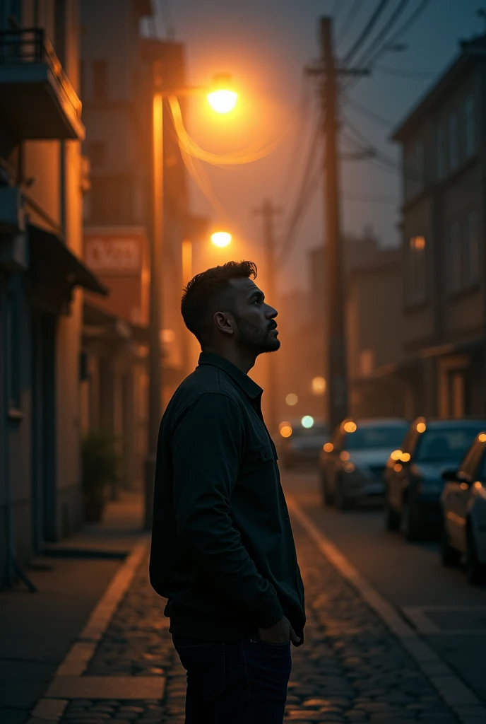 A man setting 
 moodoff mind evening time at Street light anima 