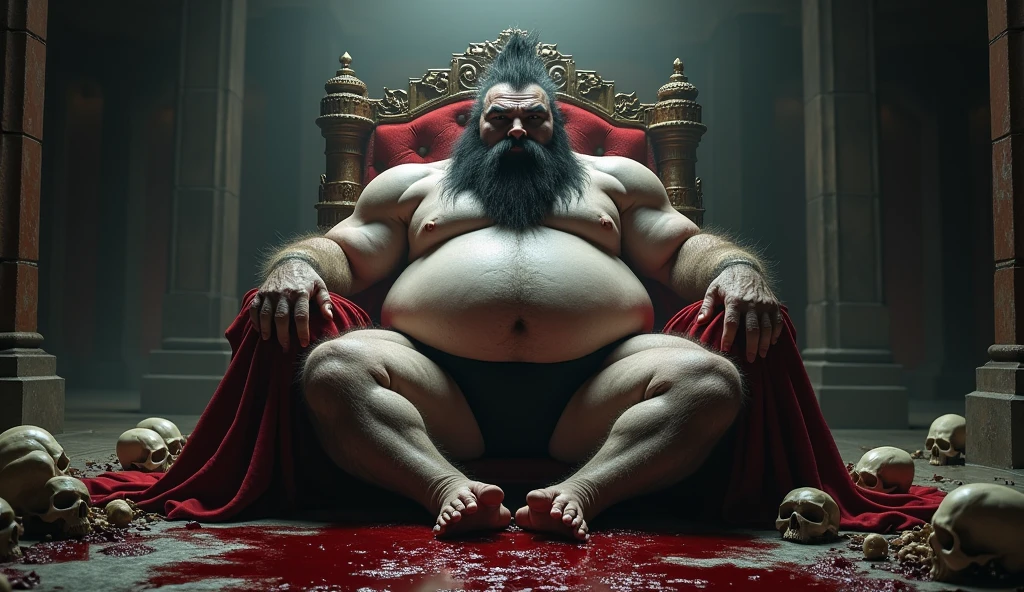 god standing ,royal hall, pool of blood chubby, hairy, hairy belly, Holding your big belly, high resolution, ultra-detailed, sharp focus, detailed eyes, symmetrical eyes, expressive eyes, clear pupils, focused gaze , king's expression is intimidating with a sense of authority, solo, masterpiece, best quality, male, mature, manly, detailed nipples, detailed navel, photorealistic, 8k, (wide dynamic range, hdr:1.2), sitting, (night:1.2), light, looking at viewer, pose, fitted underwear with a very large, realistic bulge at the front, emphasizing the natural shape, detailed fabric texture, soft shadows highlighting the contours, emphasizing the natural shape, detailed fabric texture, Blood, bones and human skulls on the ground, soft shadows highlighting the contours ,full body, spread legs, shadow, leaning back, hell, very short fur, detailed skin texture, high contrast lighting, feet