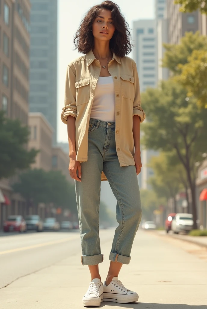 Sand-colored shirt and platform Converse sneakers outfit