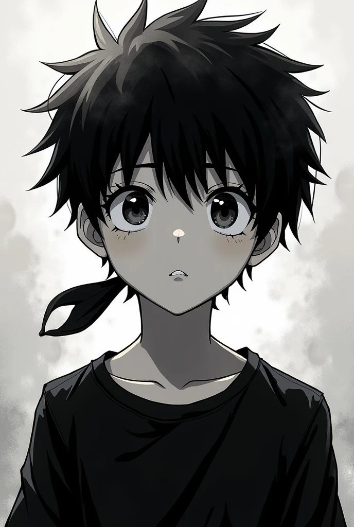 the face of a simple boy, anime styling, berserk manga, complex, black andwhite, black tee, eye band