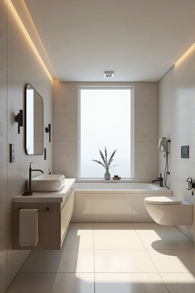  contemporary bathroom , small frosted glass window, super realistic render vray, premium bathroom design, Cinematic Soft Vray,high quality rendering, render vray, Smooth, studio-quality rendering, vray 8k rendering, very realistic 3D rendering, render in vray, very realistic render