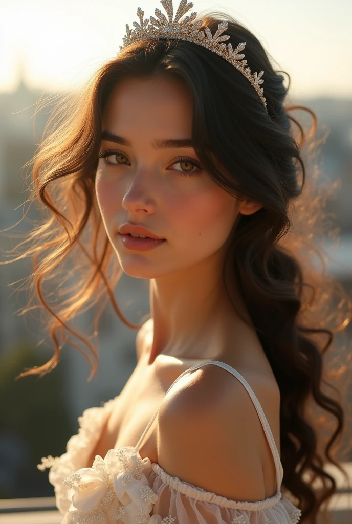 A very pretty girl with delicate and pale skin with pink lips and very black and half wavy hair on the terrace of an apartment in the city of London with the morning light illuminating her face and the wind ruffling her hair with a very beautiful brando dress and a tiara on her head. The girl is pure and has an innocent look with slightly pink cheeks of Greek appearance with hazel eyes. She is a Greek girl turning her head slightly.