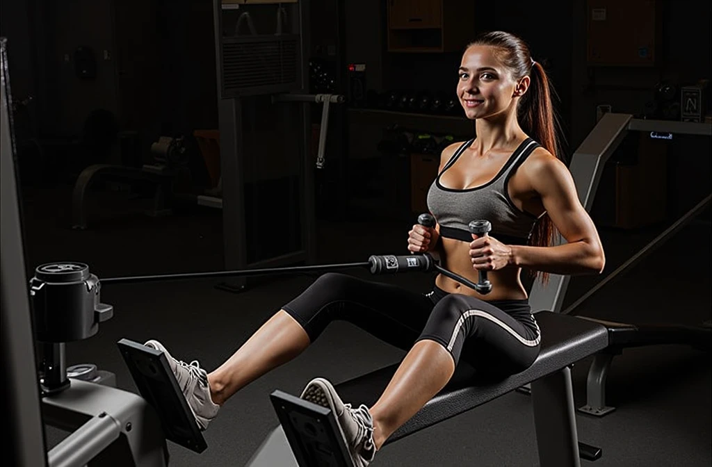 female teenager, long flaming red hair, smiling brightly, gym clothes, dumbbell exercise pose, full body, photorealistic, realistic lighting, highly detailed, 8k, exquisite, vibrant colors, natural skin tones, beautiful eyes, beautiful lips, dynamic pose, athletic, fit, glowing skin, studio lighting, warm color palette, gym background