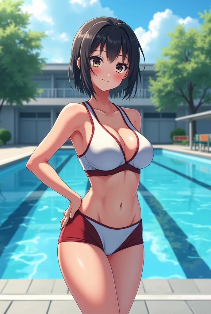Anime girl in School swimming clothes short skirt big thighs detailed body detailed clothes perfect face School background