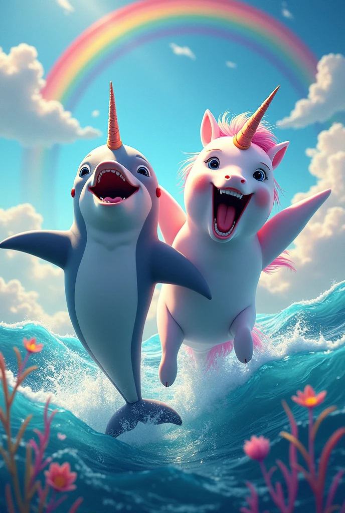 An image of a laughing dolphin with a crazy expression and a laughing unicorn with a crazy expression,out in the sea with lots of colors and rainbows and flying with lots of realistic colors