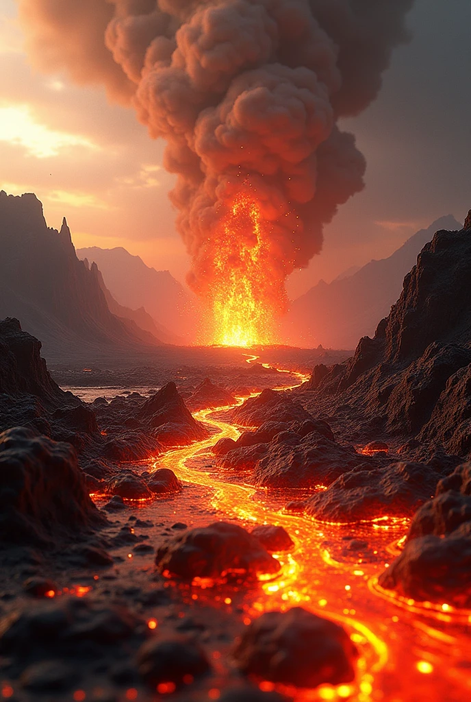 Volcano erupting and larvae coming towards the viewer of the image 