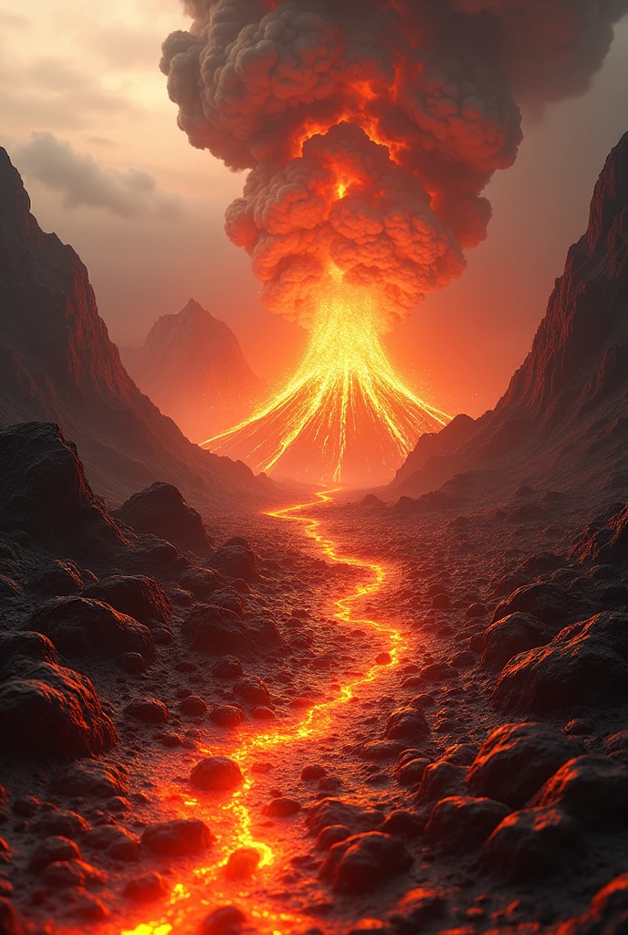 Volcano erupting and larvae coming towards the viewer of the image