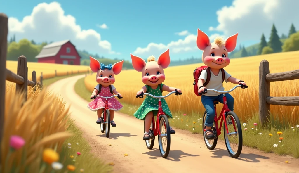 Charming countryside scene, pixar style, 3d, 3 piglets wearing dresses riding bicycles carrying backpacks. one piglet is wearing pink dress with white flowers carrying backpack, other piglet is wearing green dress with white polka dots carrying backpack, one piglet is wearing white t-shirt blue jeans and a blue bandana carrying backpack, Winding dirt road through golden wheat fields. Wildflowers dotting roadside. Rustic wooden fence, distant red barn. Fluffy white clouds in blue sky. Girl's pigtails and dress fluttering in breeze. Warm sunlight, long shadows, game button art, Game illustration, lovely digital painting, artstation for kids art, Official artwork, key art, mobile game art, cover game art, zootopia concept art, (soft lighting:1.3), (green and earthy color scheme:1.3), (highly detailed), (ultra quality:1.3), (masterpiece), (digital art), 8K resolution, HDR, depth of field, (soft shadows), (photorealistic:1.3), (animation:1.2), (by Greg Rutkowski:0.9), (in the style of Alphonse Mucha), trending on ArtStation, award-winning art, 3d style
