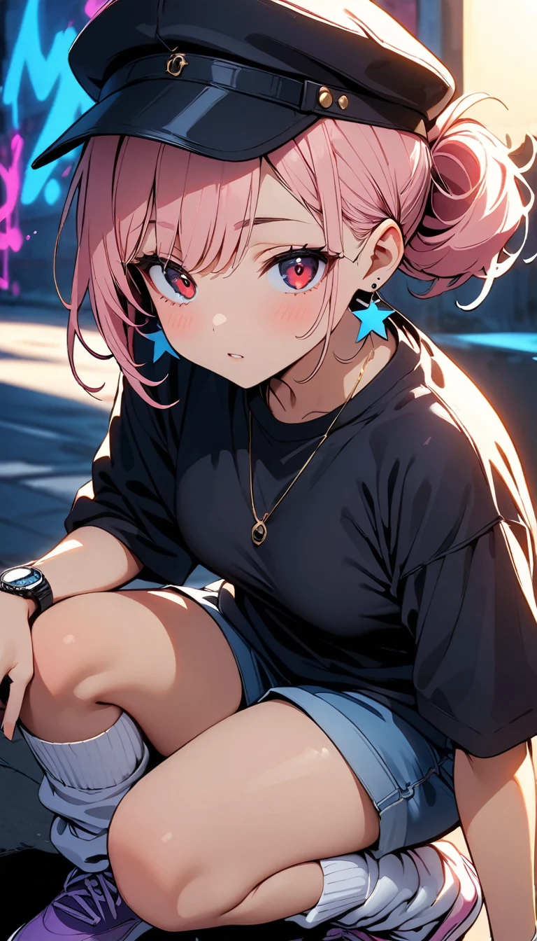 (high quality, 8k, 4K, High Contrast, masterpiece:1.2, 最high quality, Best aesthetics),high angle shot, full shot, Newsboy cap:1.1, ((1 female)),((Crouching:1.5)), ((Low light graffiti background:1.3)), ((Flat Color)),High Contrast, Contrasting colors, , Pale pink and blue lighting,Pink Hair, Red eyes, Oversized blackTshirt,Denim shorts,(White loose socks),Purple sneakers, Looking at the audience, (Cool look), Sleepy eyes, ((Short Hair)) , (Tied Hair), Small star-shaped earrings in both ears, bright eyeshadow, Mature face,watch on right wrist,necklace,small tits