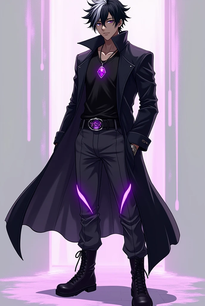 A sexy black skin, male anime character wearing a necklace with a purple gem on it, black hair with a white stripe on it and wearing a long, black, cool jacket and wearing a long, dark gray pants with purple glowing stripes on and wearing boots 