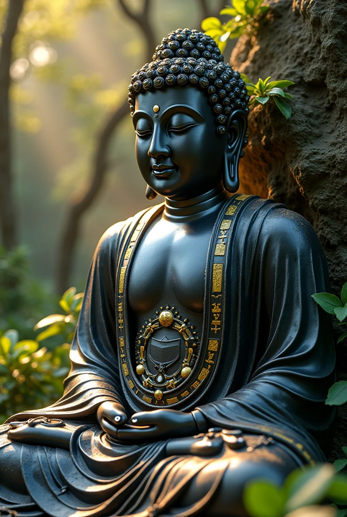 hightech cyber buddha statue from space with visible circuits on his face, from the future, cyberpunk, highly detailed, hyper realistic, intricate details, obsidian, shiny, reflective, glowing aura, dramatic lighting, cinematic composition, serene expression, peaceful meditation pose, ornate decorations, gold accents, natural environment, lush foliage, sunbeams, photorealistic, 8k, masterpiece, cs-m3tal-ok_v06-1000