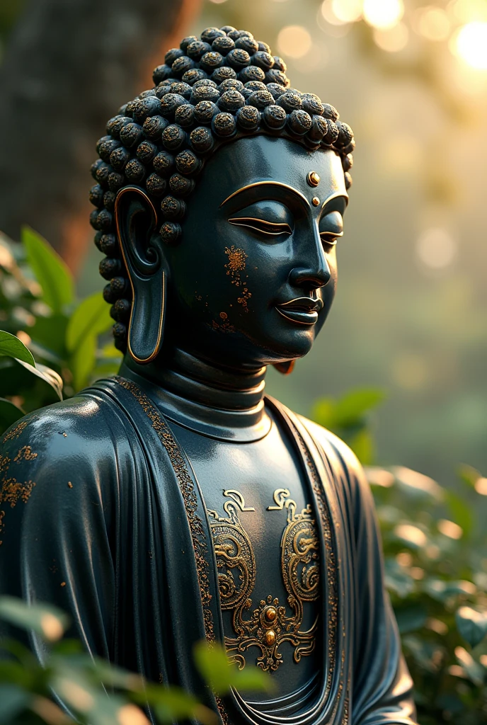 hightech cyber buddha statue from space with visible circuits on his face, from the future, cyberpunk, highly detailed, hyper realistic, intricate details, obsidian, shiny, reflective, glowing aura, dramatic lighting, cinematic composition, serene expression, peaceful meditation pose, ornate decorations, gold accents, natural environment, lush foliage, sunbeams, photorealistic, 8k, masterpiece, cs-m3tal-ok_v06-1000