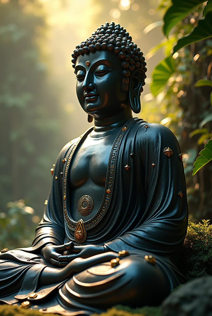 hightech cyber buddha statue from space with visible circuits on his face, from the future, cyberpunk, highly detailed, hyper realistic, intricate details, obsidian, shiny, reflective, glowing aura, dramatic lighting, cinematic composition, serene expression, peaceful meditation pose, ornate decorations, gold accents, natural environment, lush foliage, sunbeams, photorealistic, 8k, masterpiece, cs-m3tal-ok_v06-1000