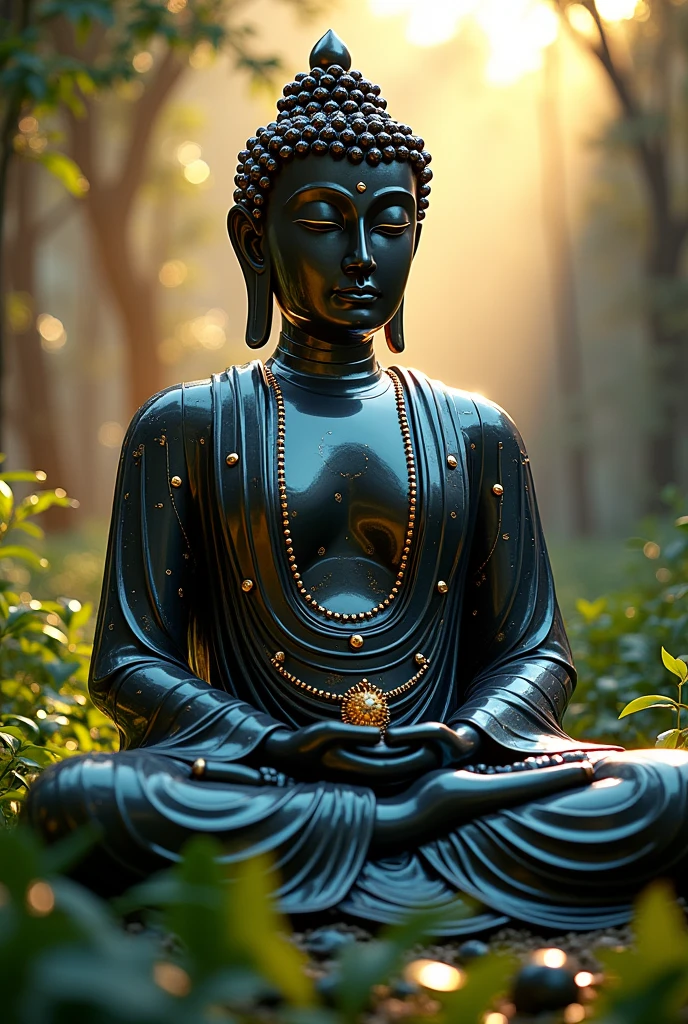 hightech cyber buddha statue from space with visible circuits on his face, from the future, cyberpunk, highly detailed, hyper realistic, intricate details, obsidian, shiny, reflective, glowing aura, dramatic lighting, cinematic composition, serene expression, peaceful meditation pose, ornate decorations, gold accents, natural environment, lush foliage, sunbeams, photorealistic, 8k, masterpiece, cs-m3tal-ok_v06-1000