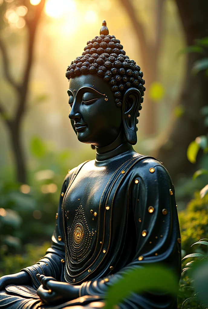 hightech cyber buddha statue from space with visible circuits on his face, from the future, cyberpunk, highly detailed, hyper realistic, intricate details, obsidian, shiny, reflective, glowing aura, dramatic lighting, cinematic composition, serene expression, peaceful meditation pose, ornate decorations, gold accents, natural environment, lush foliage, sunbeams, photorealistic, 8k, masterpiece, cs-m3tal-ok_v06-1000