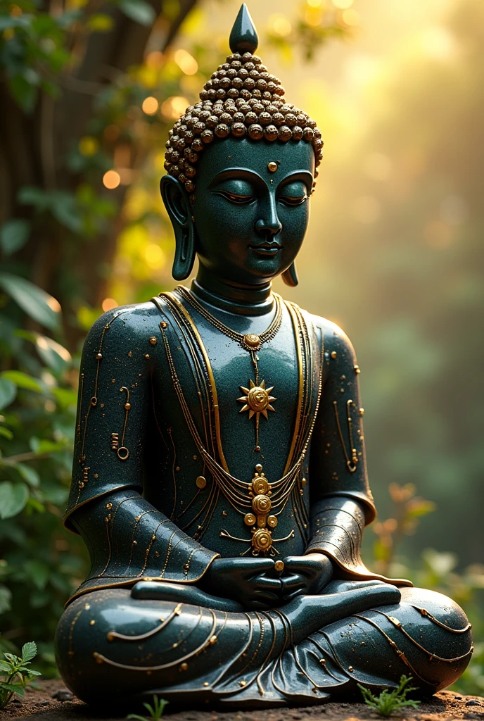 hightech cyber buddha statue from space with visible circuits on his face, from the future, cyberpunk, highly detailed, hyper realistic, intricate details, obsidian, shiny, reflective, glowing aura, dramatic lighting, cinematic composition, serene expression, peaceful meditation pose, ornate decorations, gold accents, natural environment, lush foliage, sunbeams, photorealistic, 8k, masterpiece, cs-m3tal-ok_v06-1000