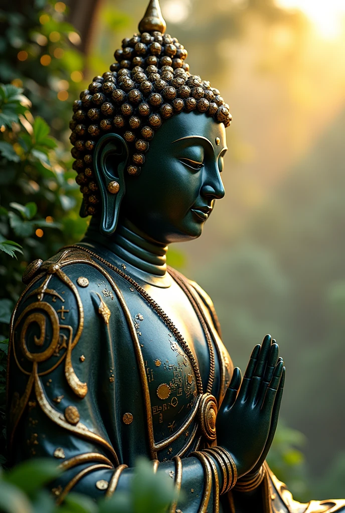 hightech cyber buddha statue from space with visible circuits on his face, from the future, cyberpunk, highly detailed, hyper realistic, intricate details, obsidian, shiny, reflective, glowing aura, dramatic lighting, cinematic composition, serene expression, peaceful meditation pose, ornate decorations, gold accents, natural environment, lush foliage, sunbeams, photorealistic, 8k, masterpiece, cs-m3tal-ok_v06-1000