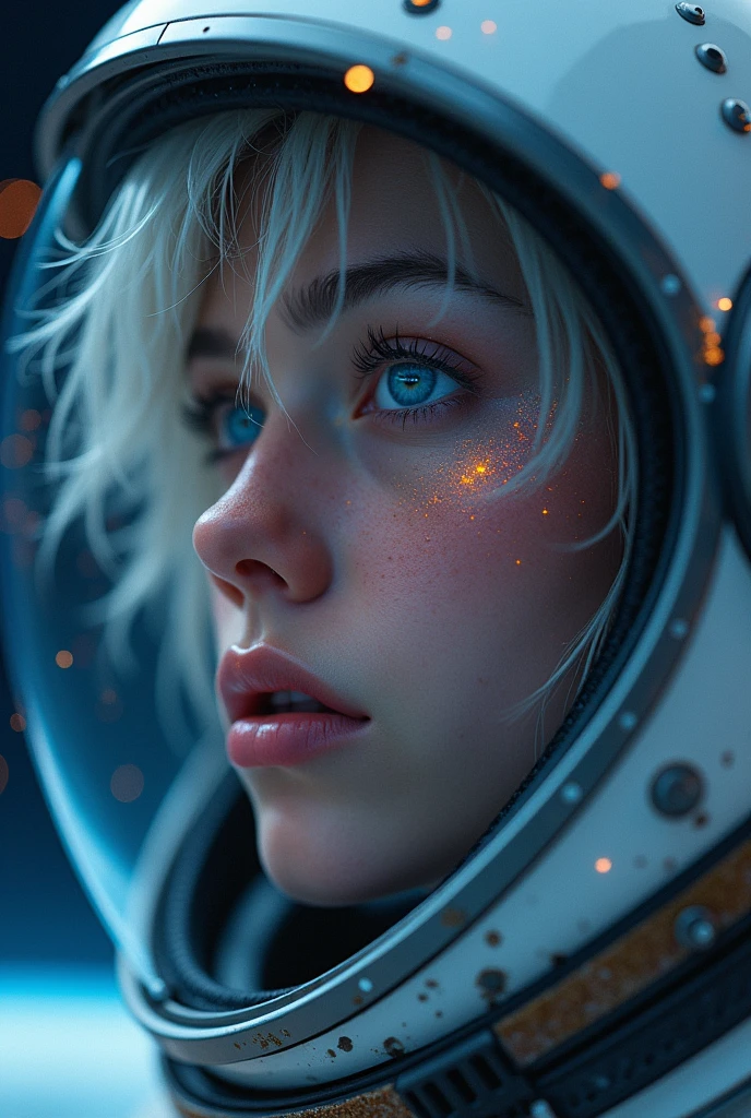 (Close-up of a better masterpiece:1.5)0.9], (Space and astronauts:1.2) (Messy silver hair:1.1) (Heterochromia xanthochromia and blue eyes:1.2) (Space Helmet:1.0) (Colored stars in the eyes:1.0) (A radiant glow:1.1) (thick lips:0.9)