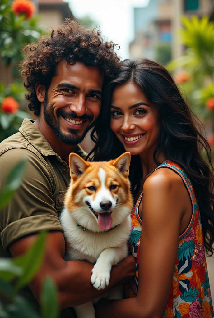 Create a photo that has a Brazilian man, a colombian woman, a , an , a cat and a dog.