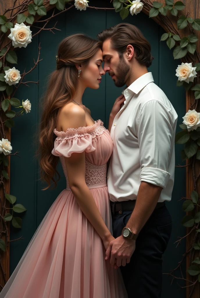 A man and a woman in a pink dress stand next to each other, hands intertwined in gentle touches, romantic pose, lovers, girl with long hair, a man in a shirt with rolled-up sleeves, beautiful clothes в викторианском стиле, beautiful clothes, open shoulders, dark background with climbing vine with thorns, white roses on black background
