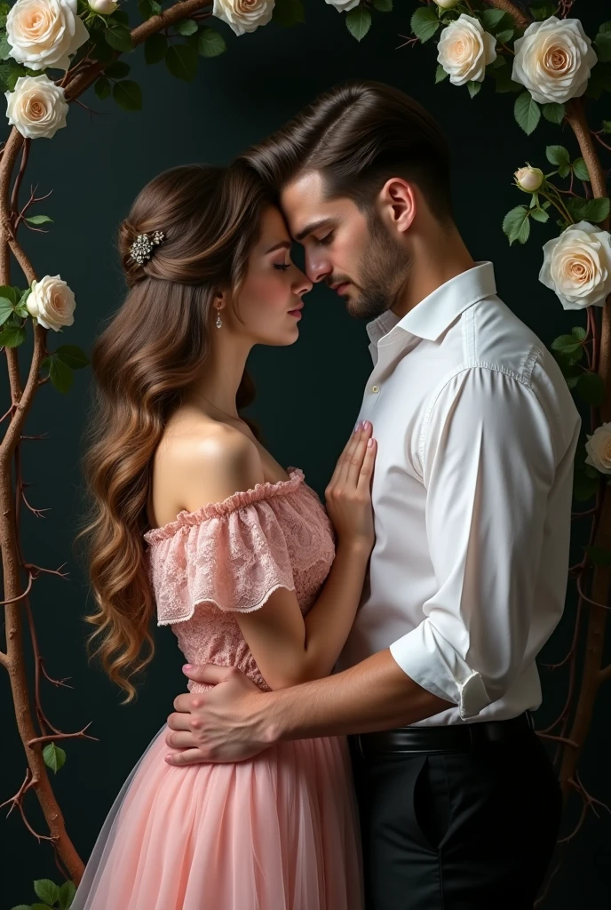 A man and a woman in a pink dress stand next to each other, hands intertwined in gentle touches, romantic pose, lovers, girl with long hair, a man in a shirt with rolled-up sleeves, beautiful clothes в викторианском стиле, beautiful clothes, open shoulders, dark background with climbing vine with thorns, white roses on black background