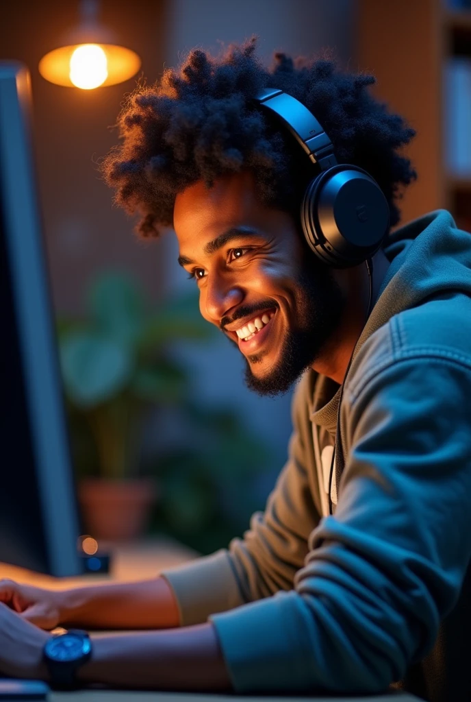 A young dark-skinned man with curly hair ,wearing headphones and playing PC Smiling