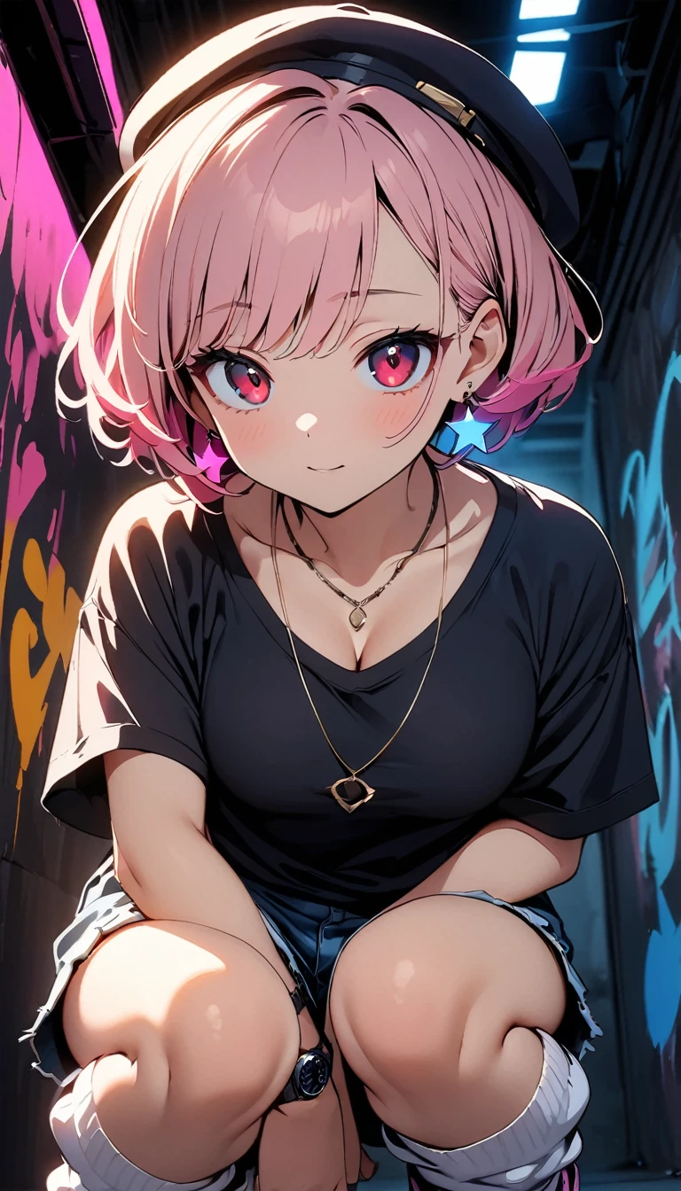 (high quality, 8k, 4K, High Contrast, masterpiece:1.2, 最high quality, Best aesthetics),high angle shot, full shot, Newsboy cap:1.1, ((1 female)),((Crouching:1.5)), ((Low light graffiti background:1.3)), ((Flat Color)),High Contrast, Contrasting colors, , Pale pink and blue lighting,Pink Hair, Red eyes, Oversized blackＴshirt,Denim shorts,(White loose socks),Purple sneakers, Looking at the audience, (Cool look), Sleepy eyes, ((Short Hair)) , (Tied Hair), Small star-shaped earrings in both ears, bright eyeshadow, Mature face,watch on right wrist,necklace,The cleavage is visible