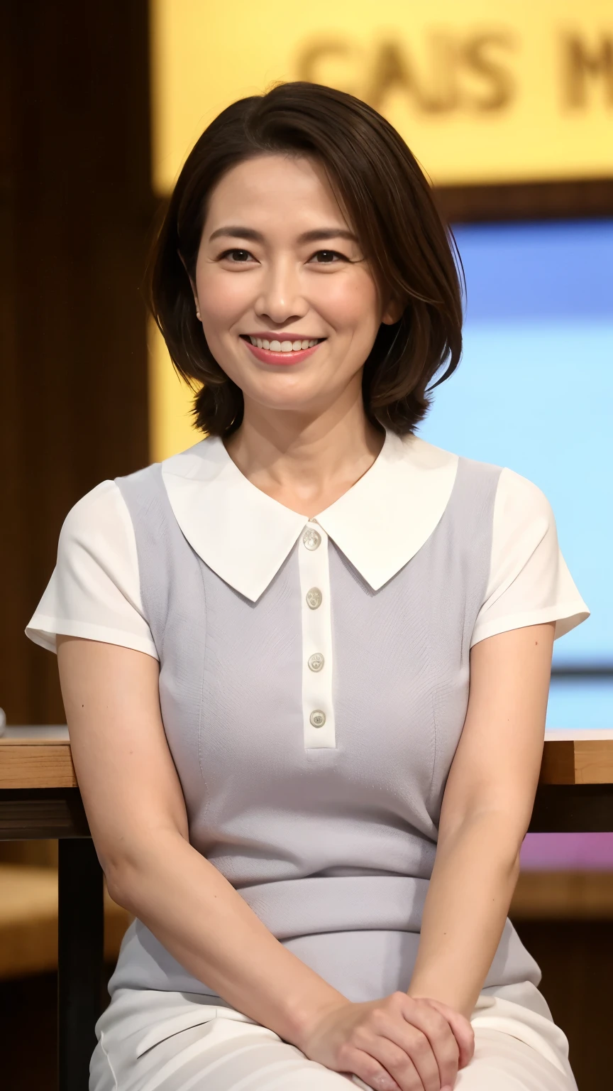 8k wallpaper, masterpiece, Highest quality, Very detailed, One Mature Woman, 50 years old, Become very clear, Wearing a short-sleeved knit, Skin dents, Captivating smile, Looking at the audience, No lapel microphone, Plump, Curvaceous, Attractive face, Smiling with teeth showing, I was happy, sitting in a cafe, Background Blur