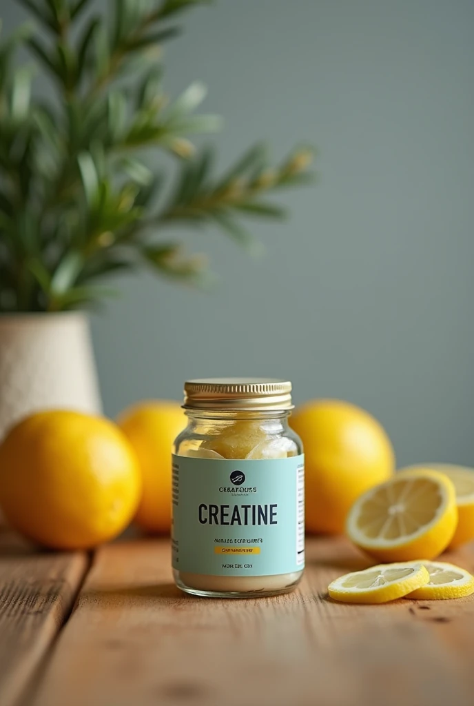 small jar of creatine on a kitchen table with berries, with blurred background