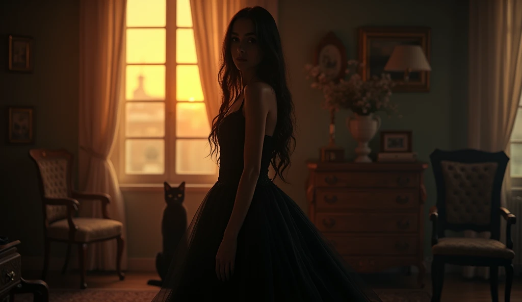 Victorian room, dark room with no light, sunset, beautiful young lady, black dress, beautiful long black hair, movie scene, stills, high resolution, with black cat