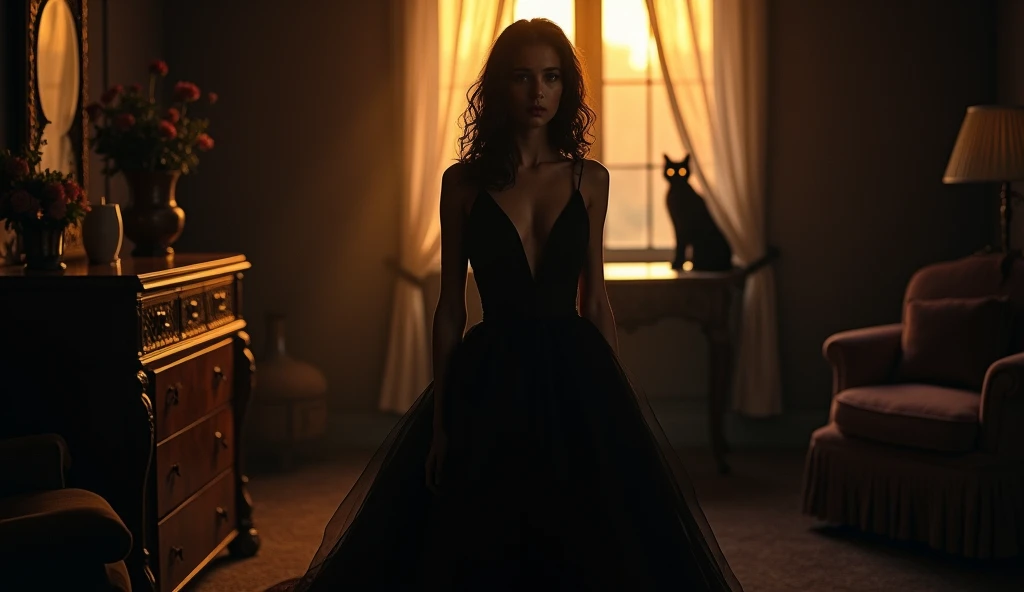 Victorian room, dark room with no light, sunset, beautiful young lady, black dress, beautiful long black hair, movie scene, stills, high resolution, with black cat